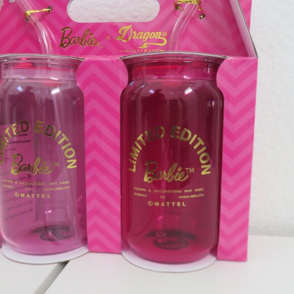Barbie Drinking Glasses Pink Barbie Glass Cups lids straws Barbie X Dragon 16oz - Picture 3 of 7